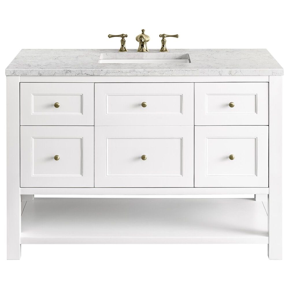 James Martin Breckenridge 48" Single Bathroom Vanity in Bright White with 3 cm Eternal Jasmine Pearl Quartz Top and Rectangular Sink, , large