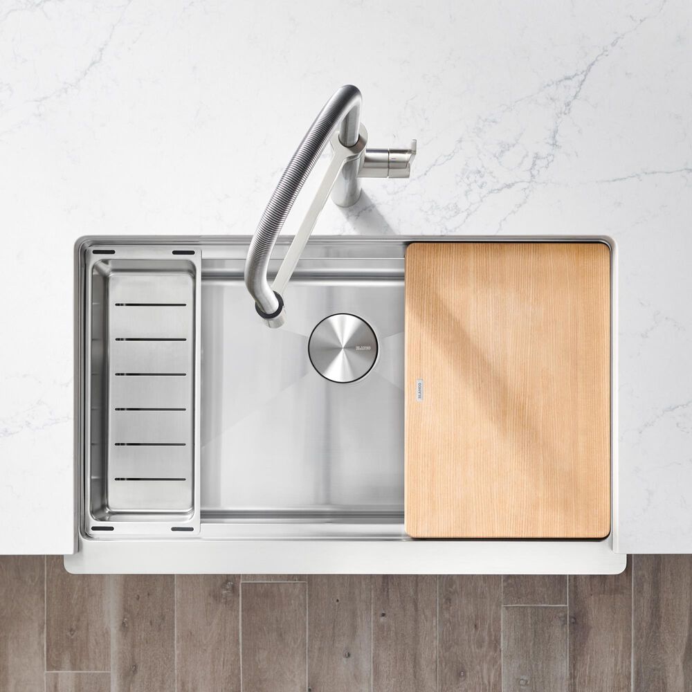 Blanco Quatrus 33&quot; R15 Ergon Apron Super Single Farmhouse Kitchen Sink in Refined Brushed, , large