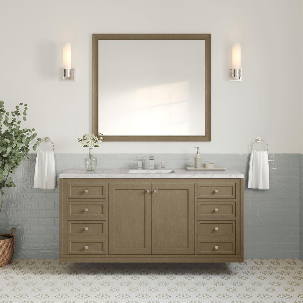 James Martin Vanities Chicago 60" Single Bathroom Vanity in Walnut Whisper with 3 cm Eternal Jasmine Pearl Quartz Top, Rectangular Sink and FreePower Wireless Charger, , large