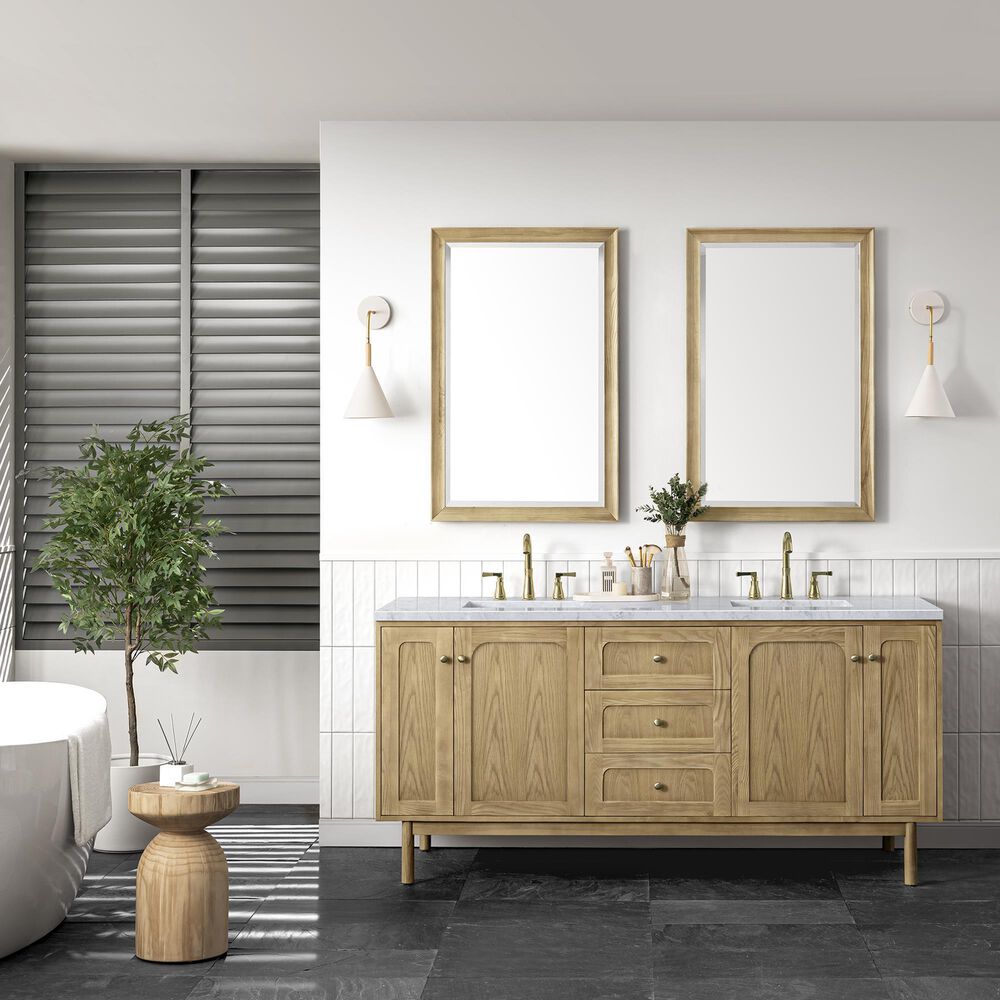 James Martin Vanities Laurent 72&quot; Double Bathroom Vanity in Light Natural Oak with 3 cm Carrara White Marble Top and Rectangular Sinks, , large