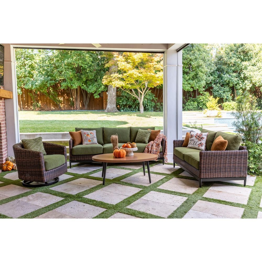 Ashley Horizon Hall Outdoor Loveseat with Green Cushion in Brown, , large