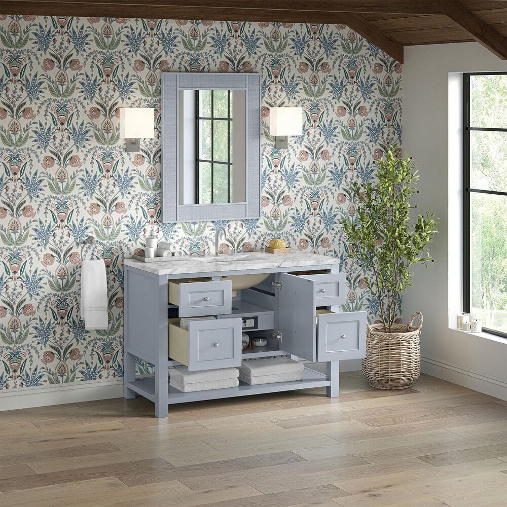 James Martin Vanities Breckenridge 48&quot; Single Bathroom Vanity in Serenity Blue with 3 cm Carrara White Marble Top and Rectangular Sink, , large