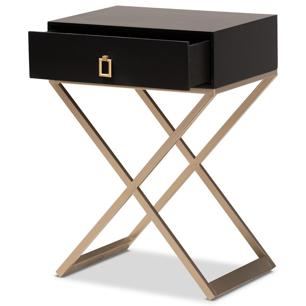 Baxton Studio Patricia 1-Drawer End Table in Black and Brass, , large