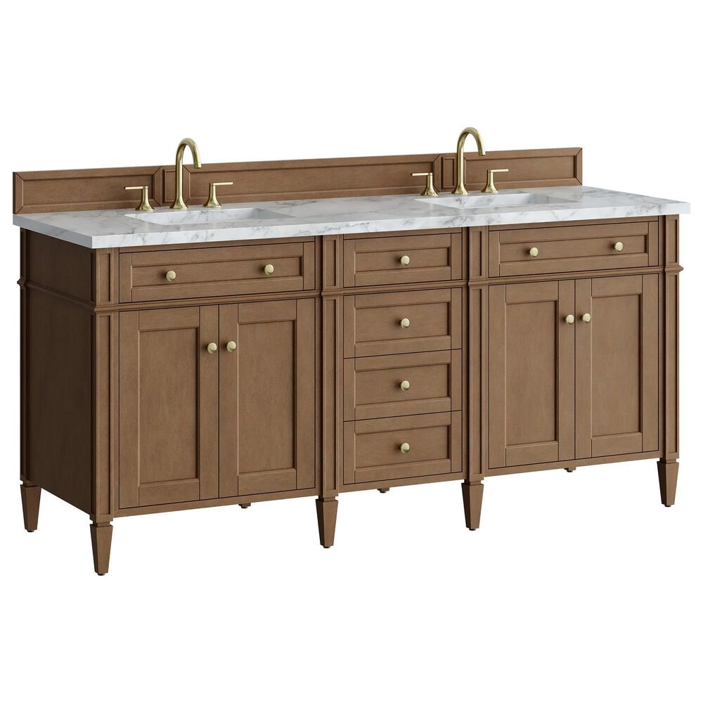 James Martin Brittany 72" Double Bathroom Vanity in Pecan with 3 cm Carrara Marble Top and Rectangular Sinks, , large