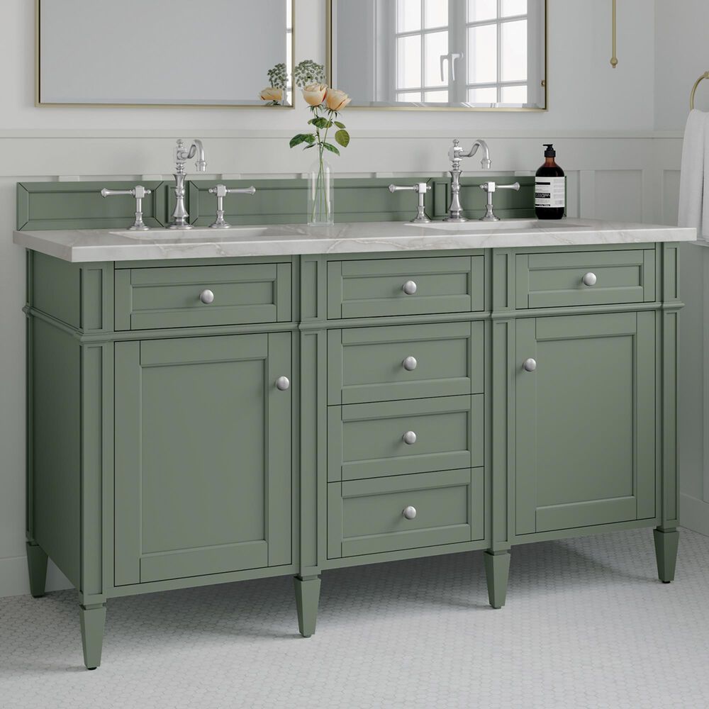 James Martin Vanities Brittany 60" Double Bathroom Vanity in Smokey Celadon with 3 cm Eternal Jasmine Pearl Silestone Top, Rectangular Sinks and FreePower Wireless Charger, , large
