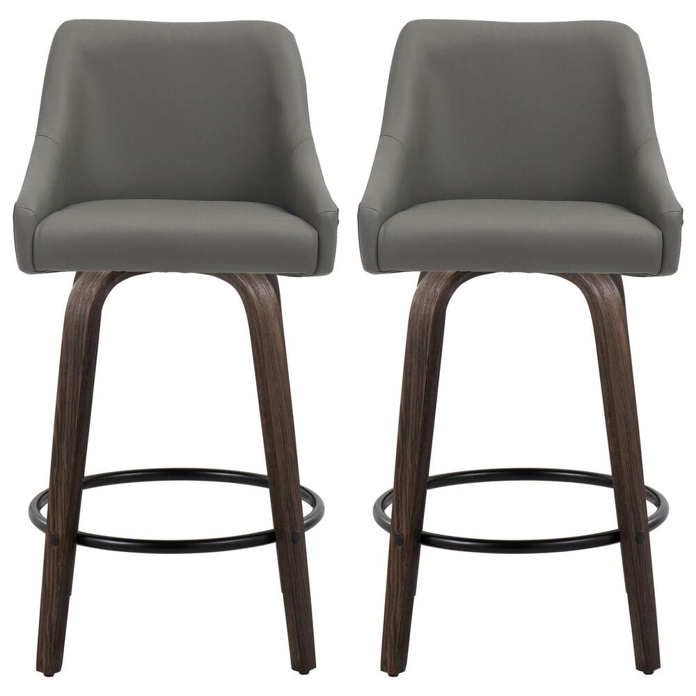 LumiSource Hannah Swivel Counter Stool with Dark Grey Faux Leather Upholstery in Walnut and Black (Set of 2), , large