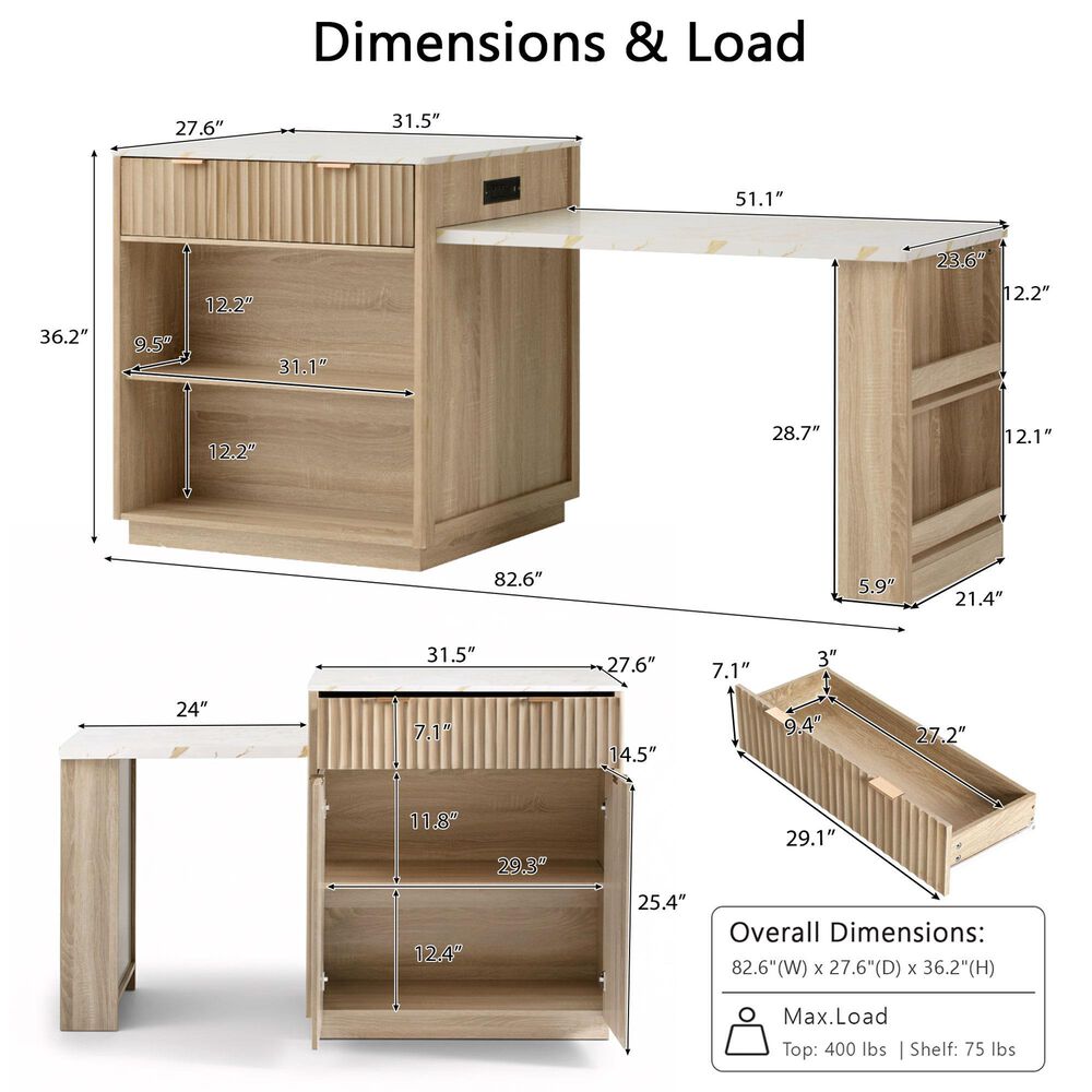 HOMLUX 83" Fluted Kitchen Island in Natural, , large