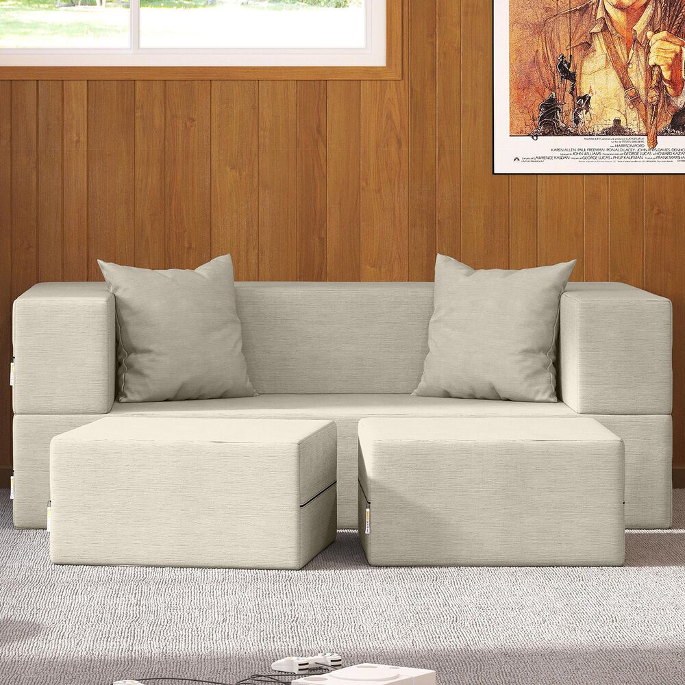 Jaxx Zipline 3-Piece Stationary Convertible Sleeper Loveseat in Ivory Velvet, , large
