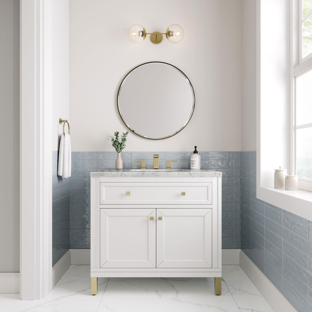 James Martin Vanities Chicago 36&quot; Single Bathroom Vanity in Glossy White with 3 cm Eternal Jasmine Pearl Quartz Top and Rectangular Sink, , large