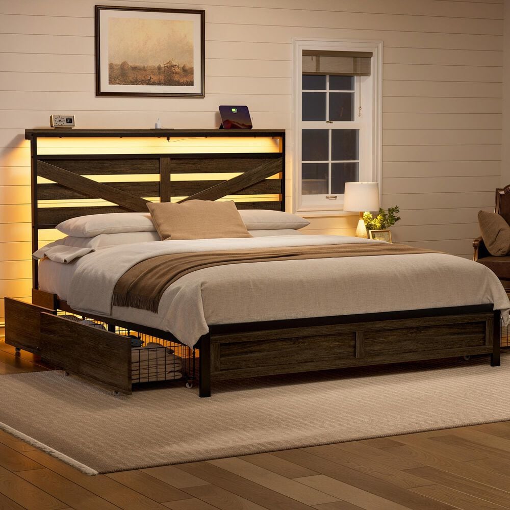 HOMLUX Queen Upholstered Platform Storage Bed Frame in Beige, , large
