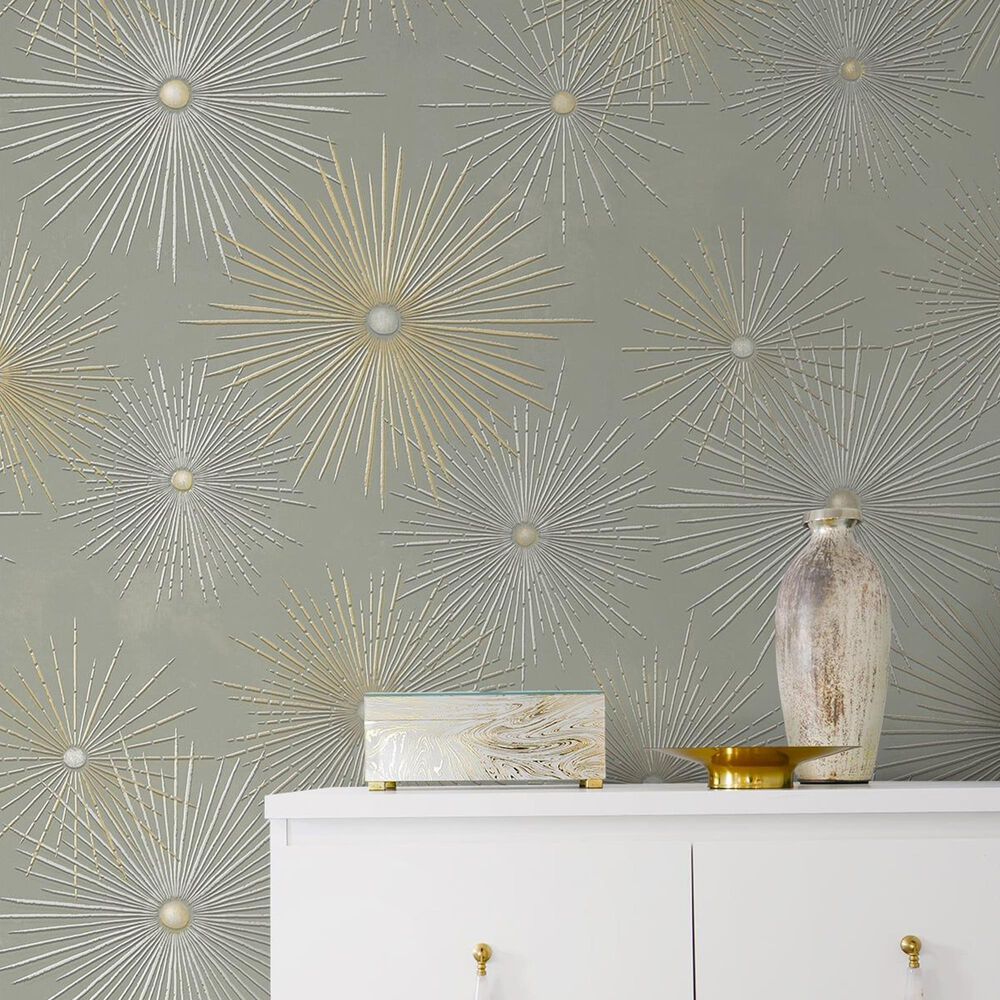 NextWall Starburst Geo 216&quot; x 20.5&quot; Peel and Stick Wallpaper in Silversmoke and Metallic Gold, , large