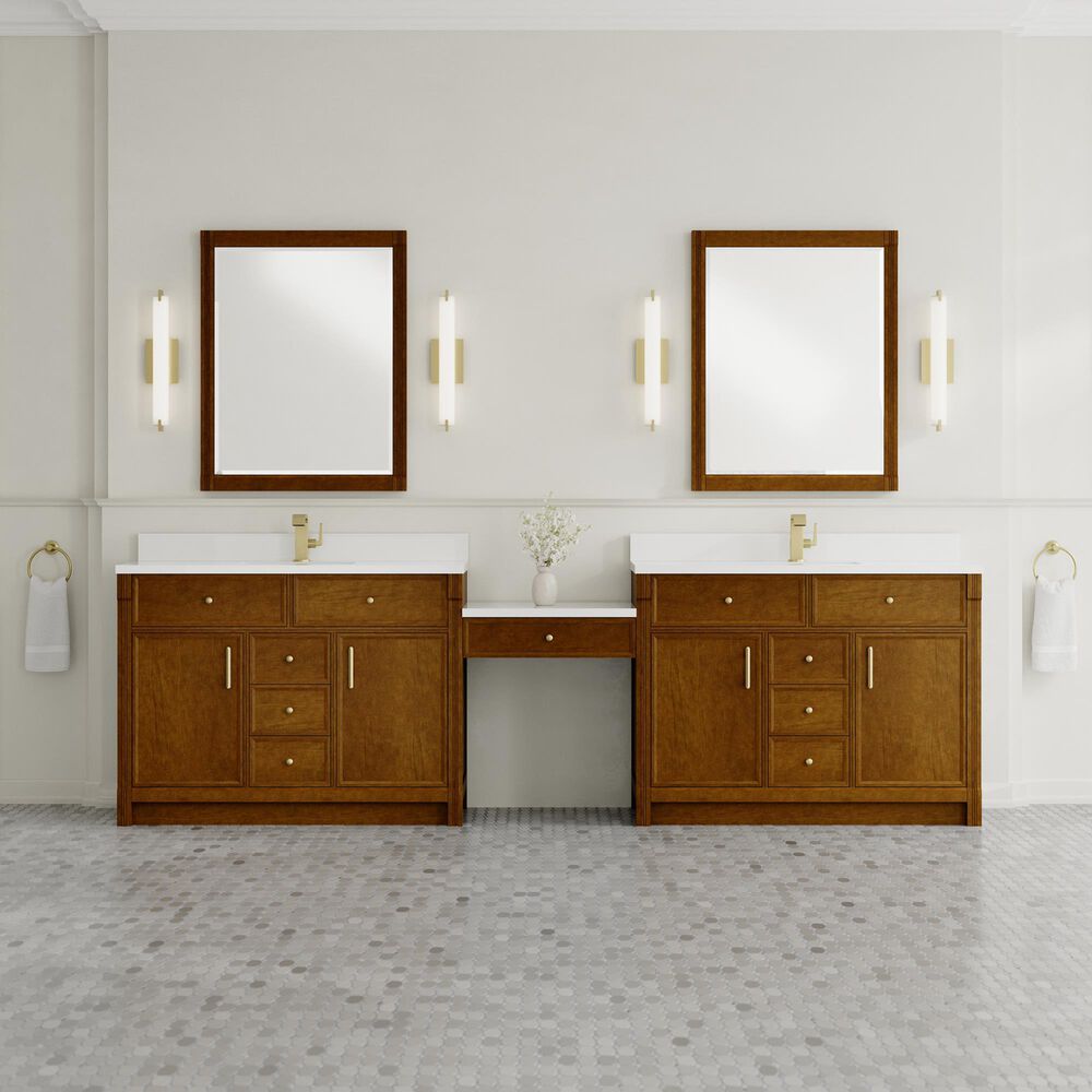 James Martin Vanities Bellshire 120" Dual Bathroom Vanity Set in Honey Oak with Single Hole 3 cm White Zeus Quartz Top and Rectangular Sinks, , large