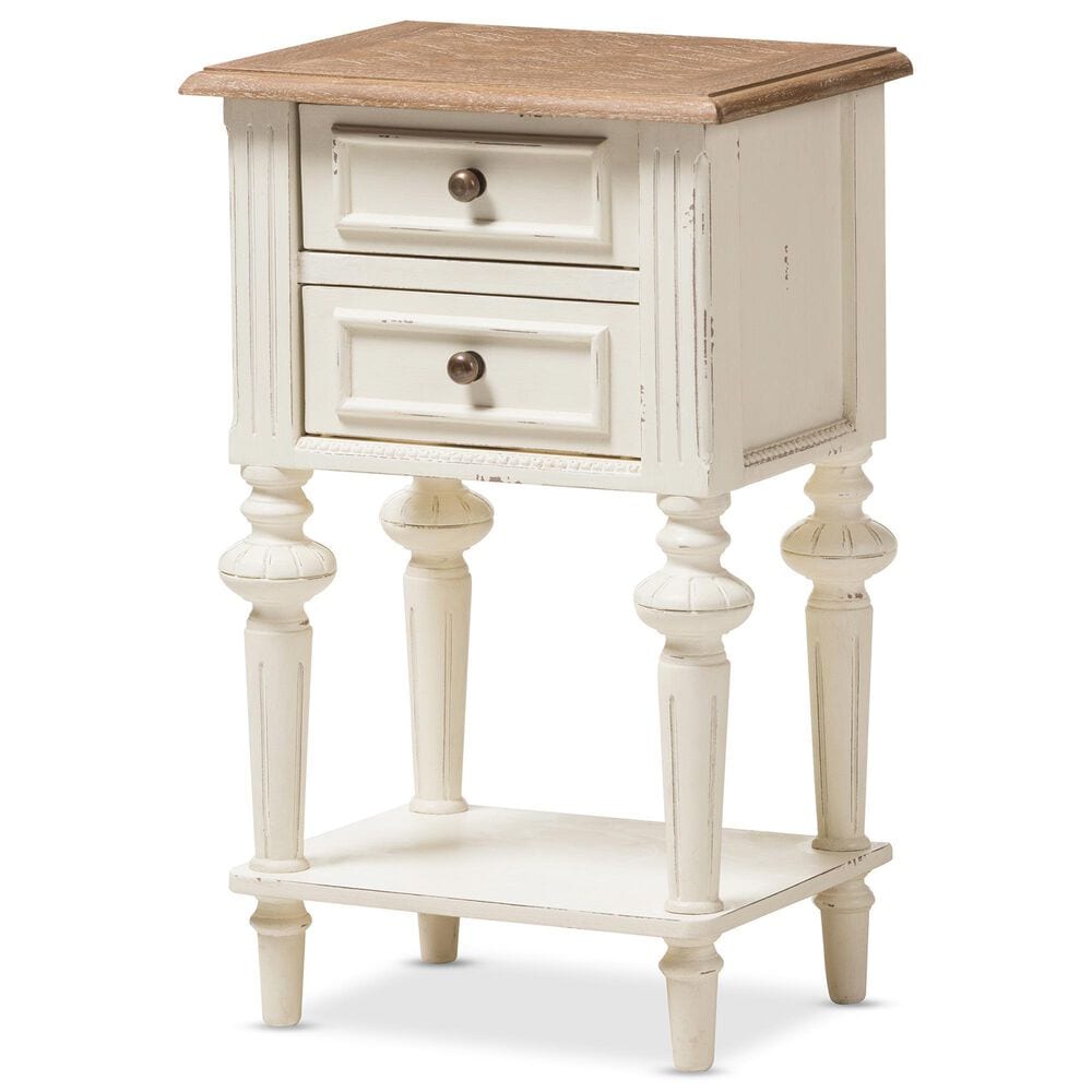 Baxton Studio Marquetterie 2-Drawer Nightstand in Weathered Oak and Distressed White Wash, , large