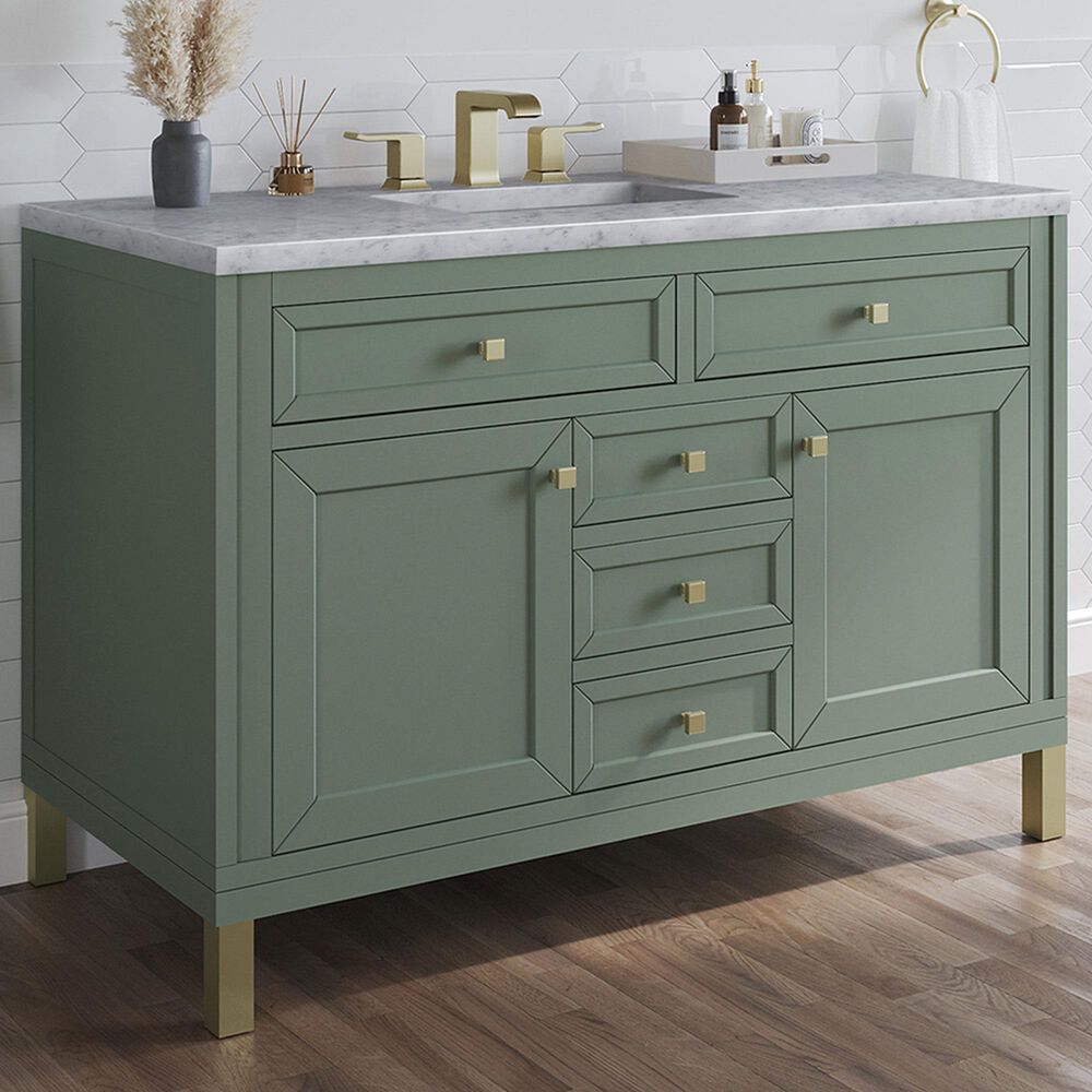 James Martin Vanities Chicago 48&quot; Single Bathroom Vanity in Smokey Celadon with 3 cm Carrara White Marble Top and Rectangular Sink, , large