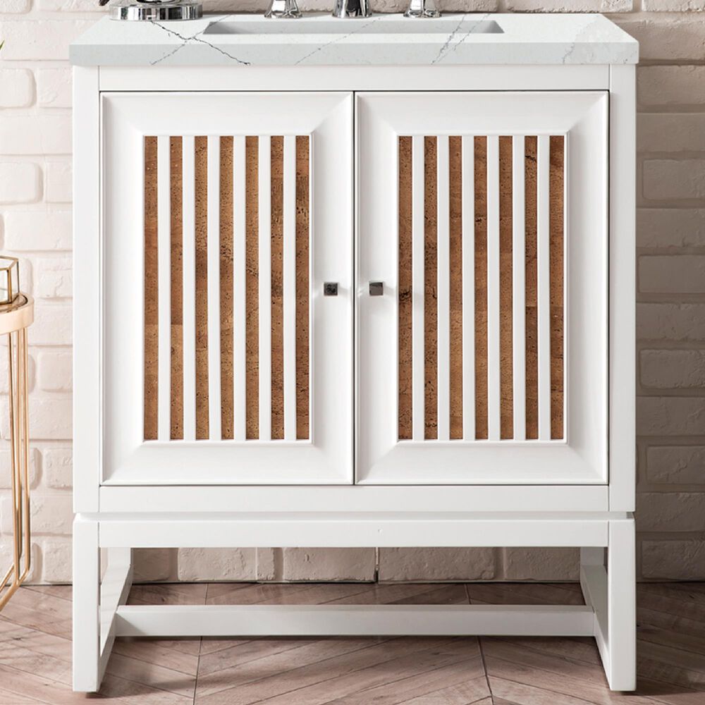 James Martin Vanities Athens 30&quot; Single Bathroom Vanity in Glossy White with 3 cm Ethereal Noctis Quartz Top and Rectangular Sink, , large