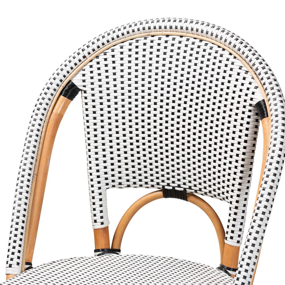 Baxton Studio Genica Bar Stool with Two-Tone Black and White Weaving in Natural Rattan, , large