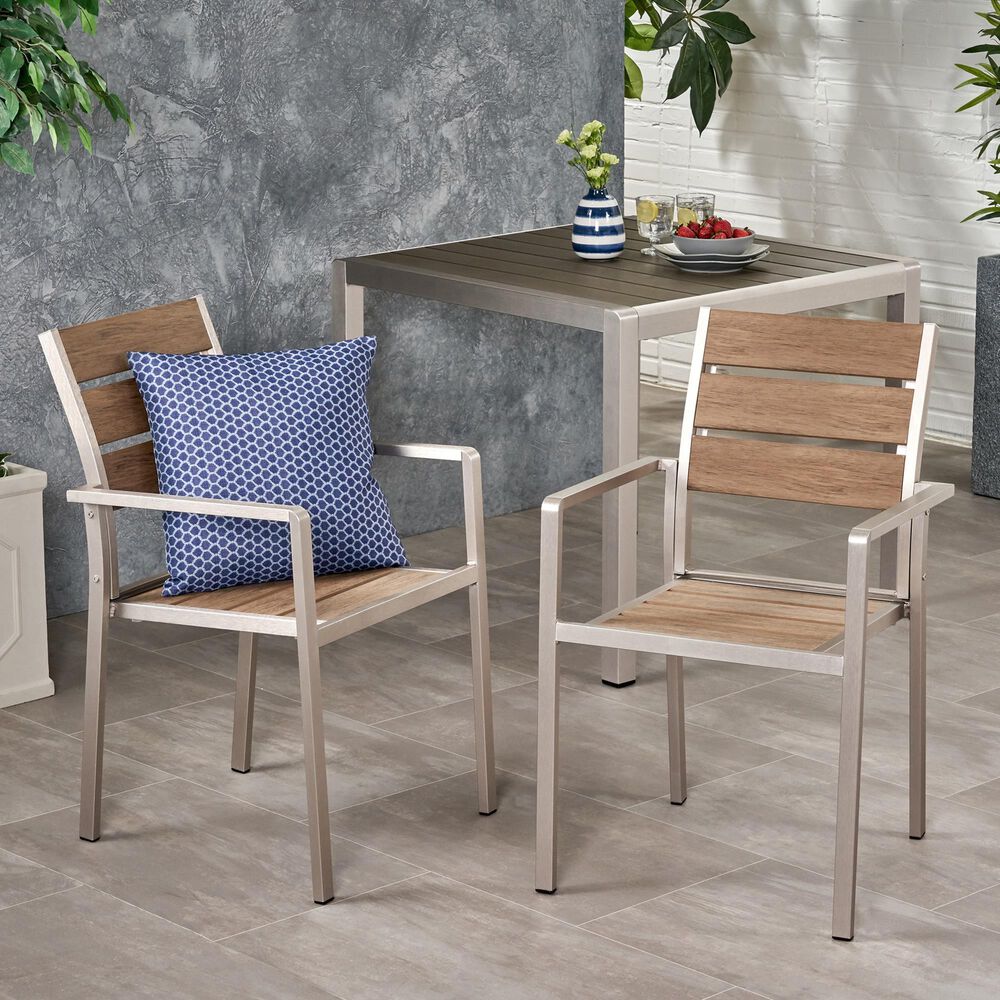 Hearth and Haven Outdoor Dining Chair with Faux Wood Seat in Natural and Silver &#40;Set of 2&#41;, , large
