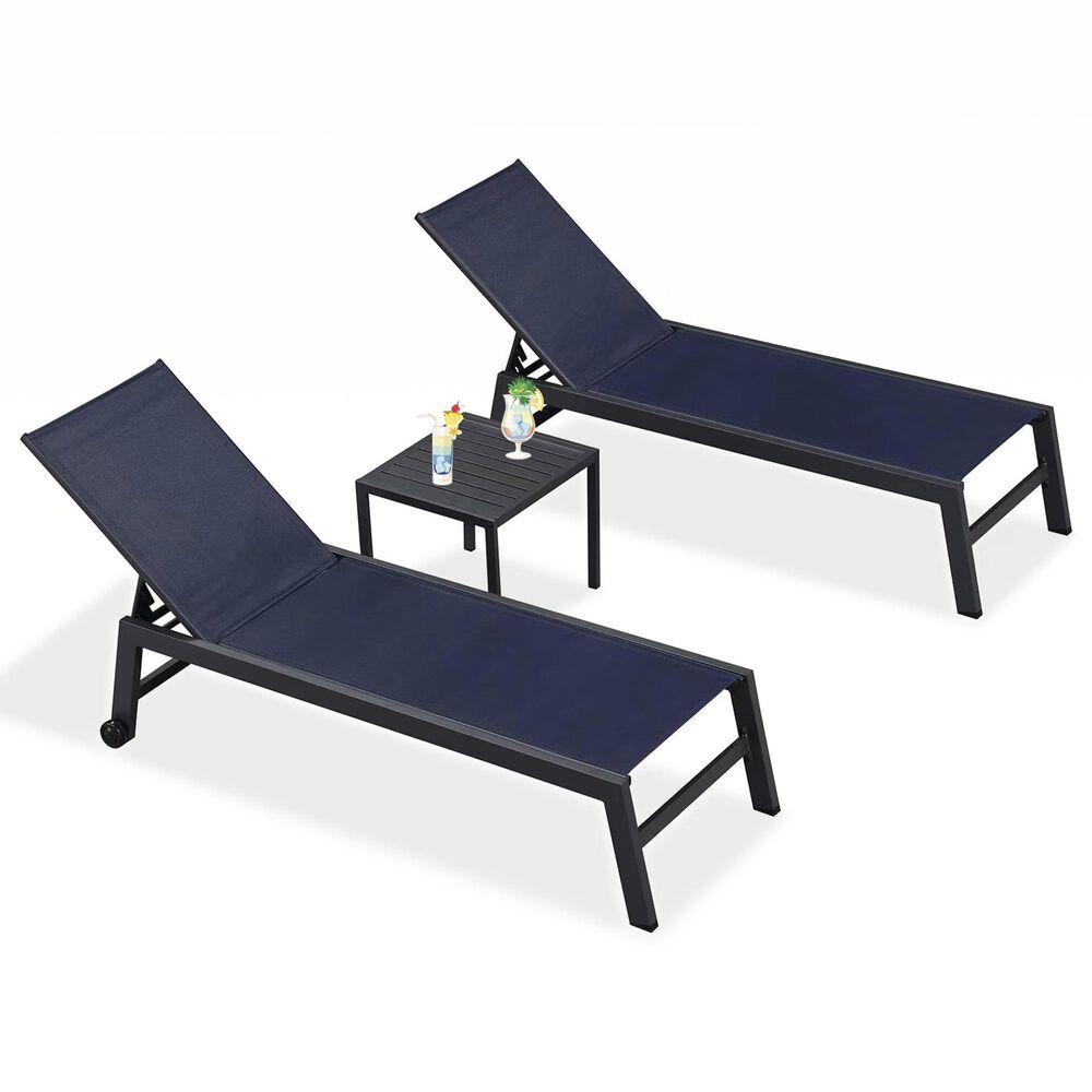 HOMLUX 3-Piece Patio Chaise Lounge Set with Wheels in Navy Blue, , large
