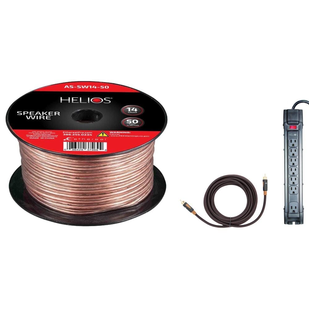 Helios 3-Piece 7 Outlet Surge Protector and 50" 14-Gauge Speaker Wire with Black Series 16" Subwoofer Cable in Black, , large