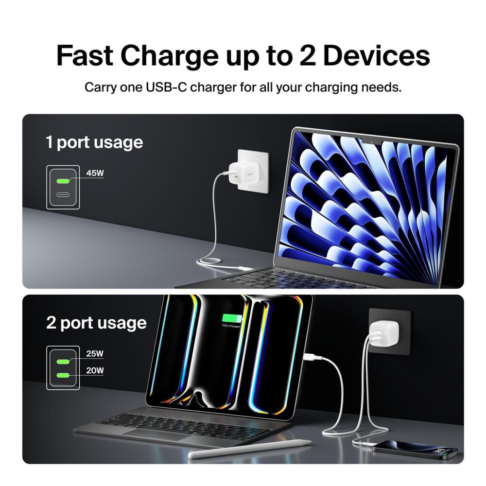 Belkin BoostCharge Pro 45W Dual USB-C GaN Wall Charger in White, , large
