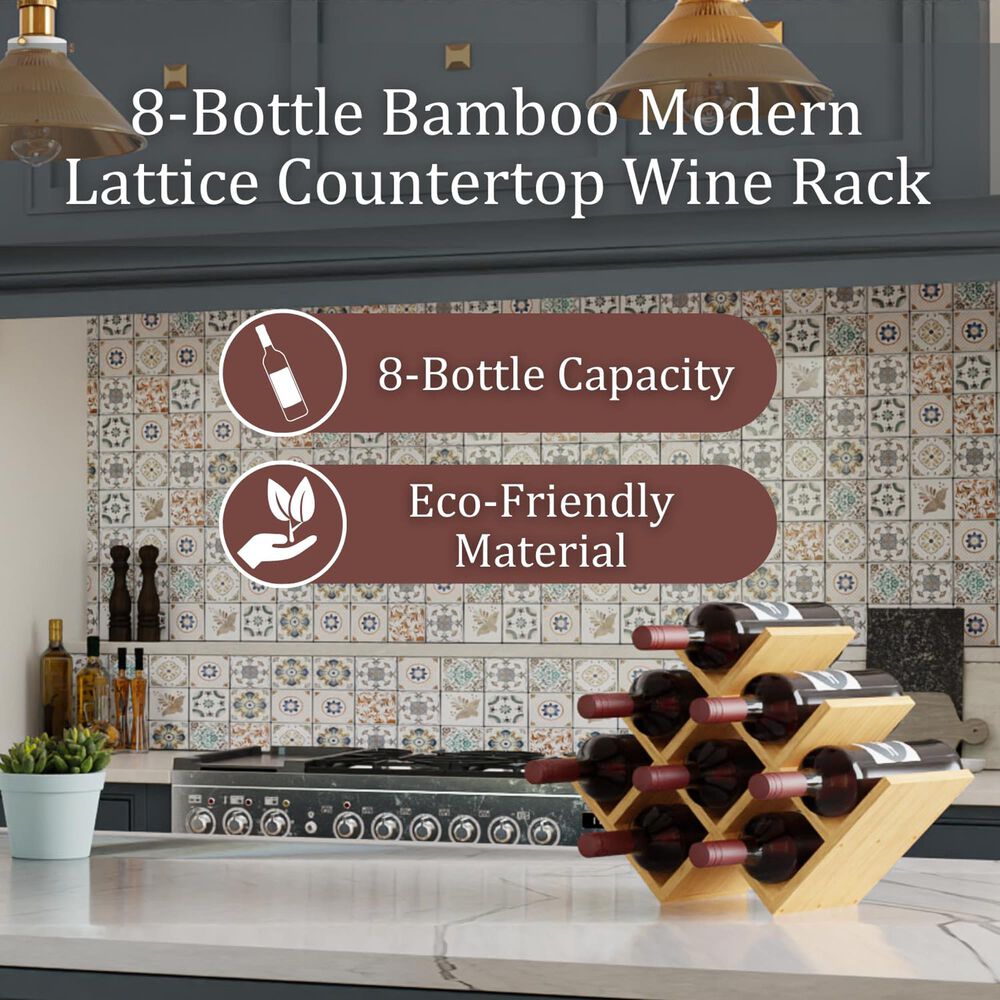 HOMLUX Modern Lattice 8-Bottle Bamboo Countertop Wine Rack in Natural, , large