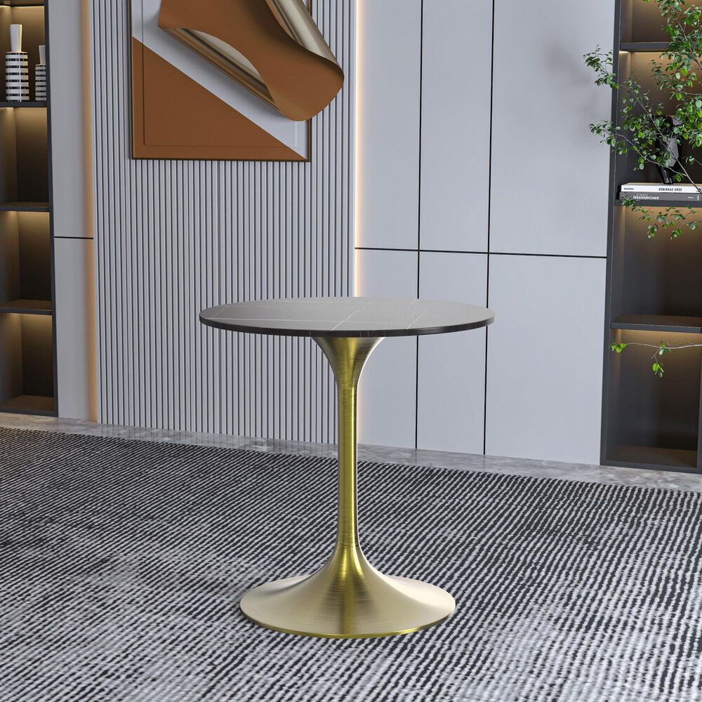 Leisuremod LeisureMod Verve Collection 27 Round Dining Table, Brushed Gold Base with Sintered Stone Black Top, , large