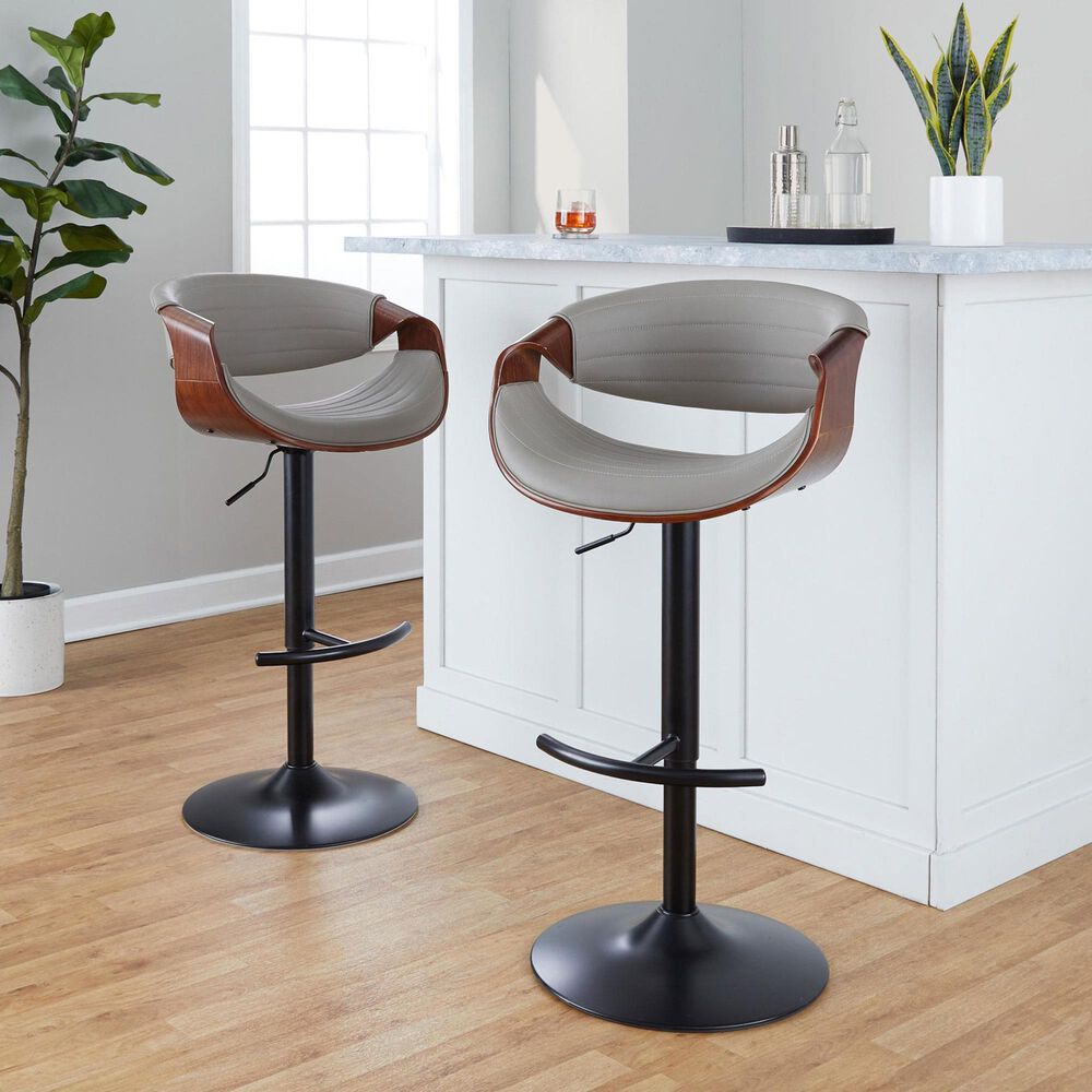 LumiSource Symphony Swivel Adjustable Bar Stool with Grey Upholstery in Walnut and Black (Set of 2), , large