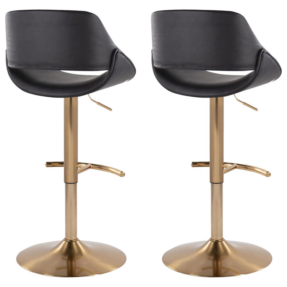 LumiSource Fabrico Swivel Adjustable Bar Stool with Black Faux Leather Upholstery and Rounded T Footrest in Gold (Set of 2), , large