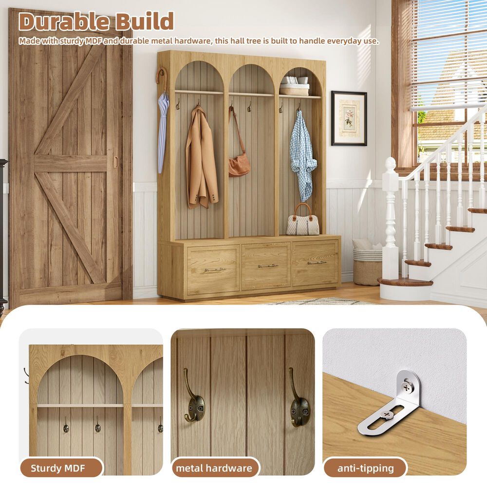GigaCloud Wooden Hall Tree with Arched Design and Drawers in Natural and Oak, , large