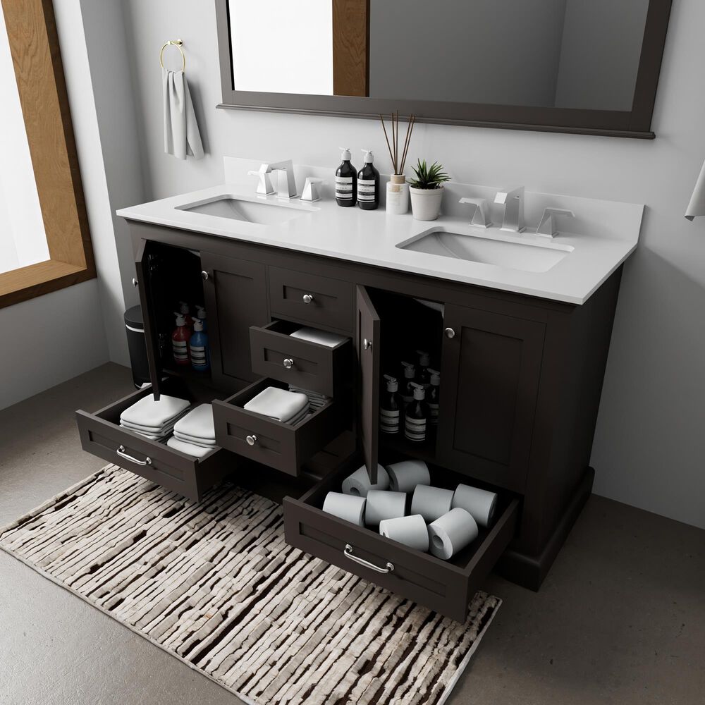 Lexora Home Dukes 60" Double Bathroom Vanity in Espresso with 2 cm White Quartz Top and Rectangular Sinks, , large