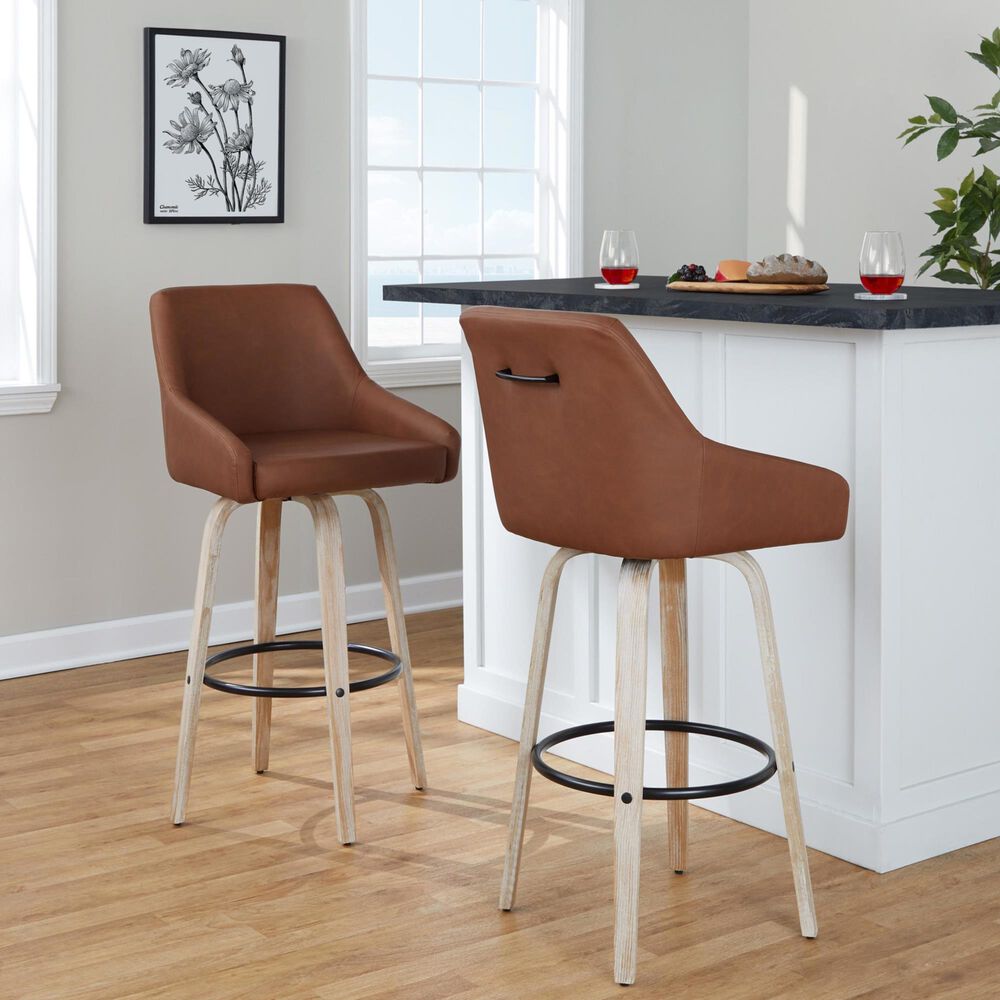 LumiSource Hannah Swivel Bar Stool with Camel Faux Leather Upholstery in Whitewashed and Black (Set of 2), , large