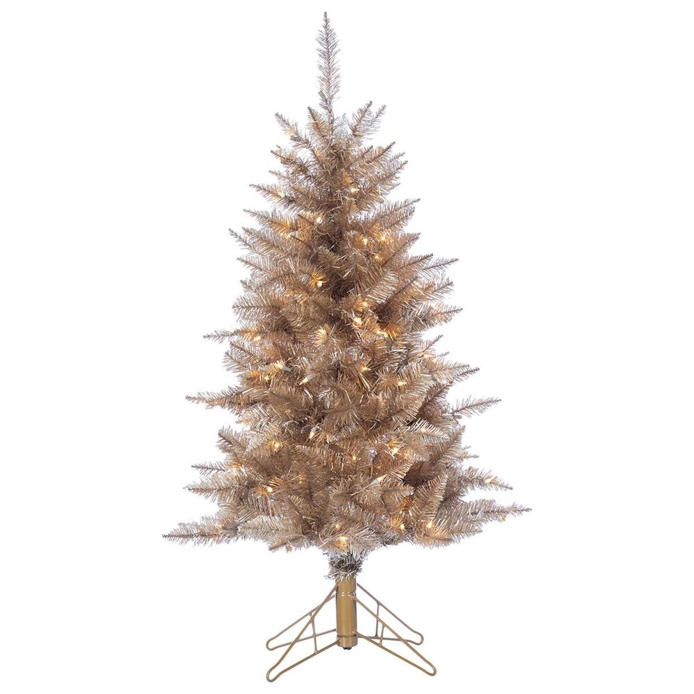 The Gerson Company Sterling 4" Rose Gold Tuscany Tinsel Tree with 150 UL White Lights, , large