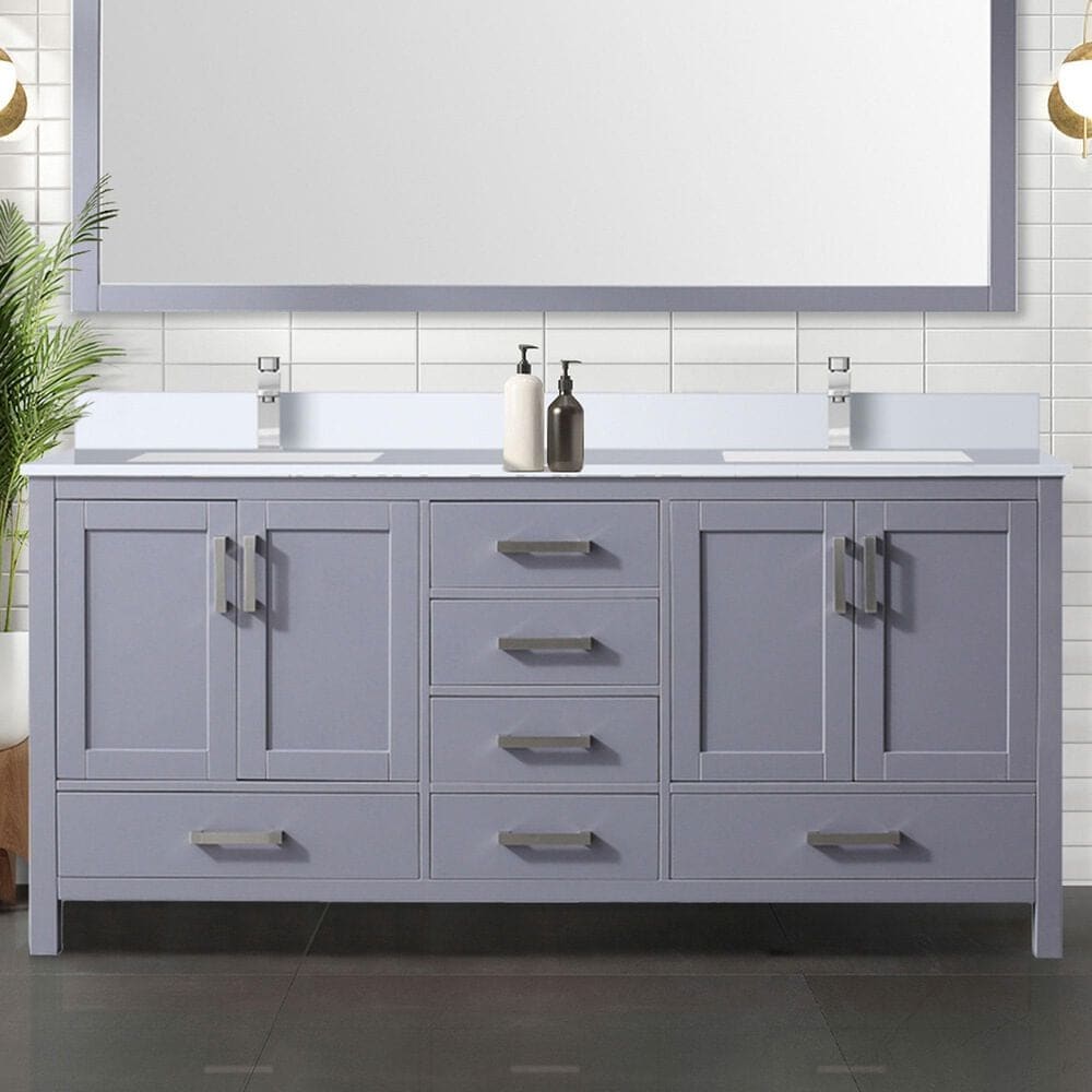 Lexora Home Jacques 72&quot; Double Bathroom Vanity in Dark Grey with 2 cm White Cultured Marble Top and Rectangular Sinks, , large