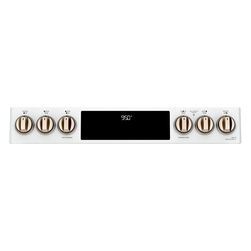Cafe 30&quot; Slide-In Front Control Induction and Convection Double Oven Range in Matte White  With Brushed Bronze Handles and Control Knobs, , large