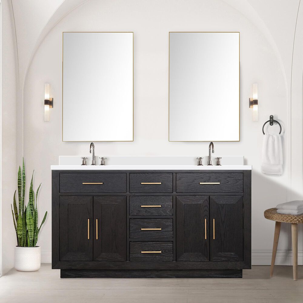 Lexora Home Abbey 60&quot; Double Bathroom Vanity in Black Oak with 2 cm White Quartz Top and Rectangular Sinks, , large