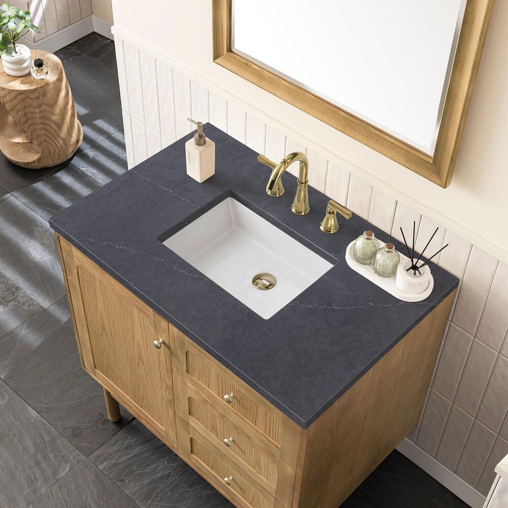 James Martin Vanities Laurent 36&quot; Single Bathroom Vanity in Light Natural Oak with 3 cm Charcoal Soapstone Quartz Top and Rectangular Sink, , large