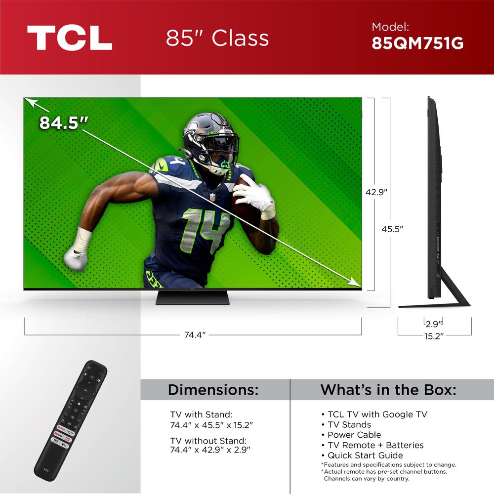 TCL 85&quot; Class QM7 4K UHD HDR QD-Mini LED with Google TV in Black - Smart TV, , large