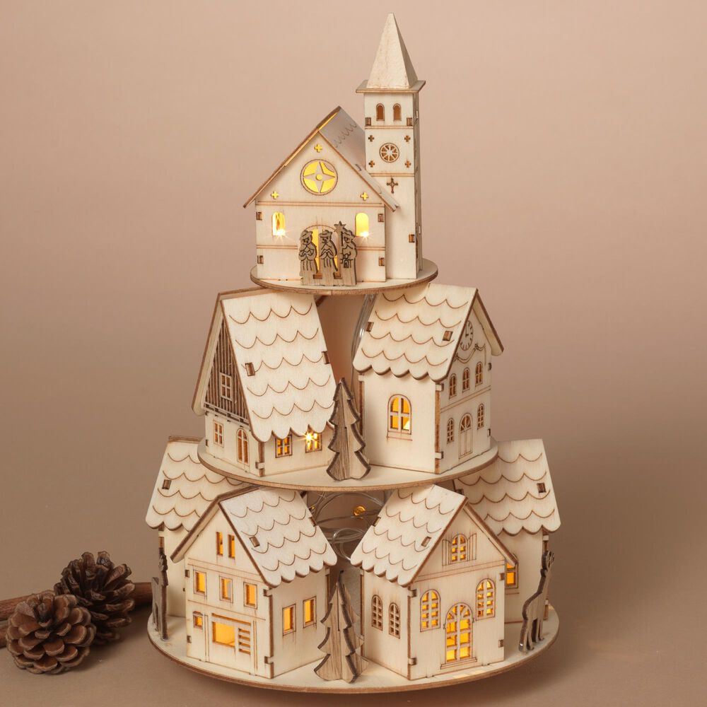 The Gerson Company 12" Laser Cut Wood Rotating Village Scene with Lighted and Wind-Up Musical in Multicolor, , large