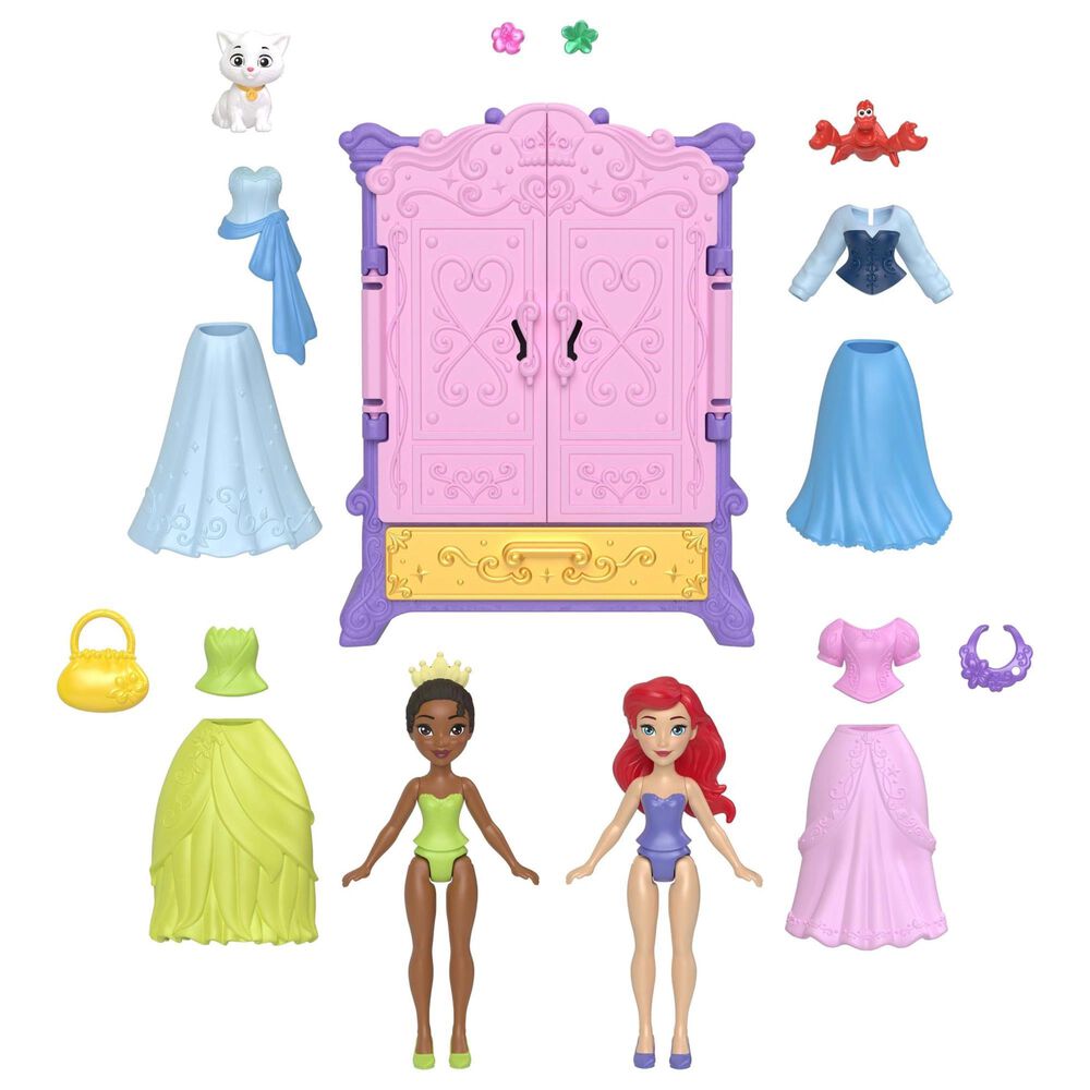 Barbie Princess Royal Wardrobe Set with Ariel and Tiana Small Dolls and Accessories in Multicolor, , large