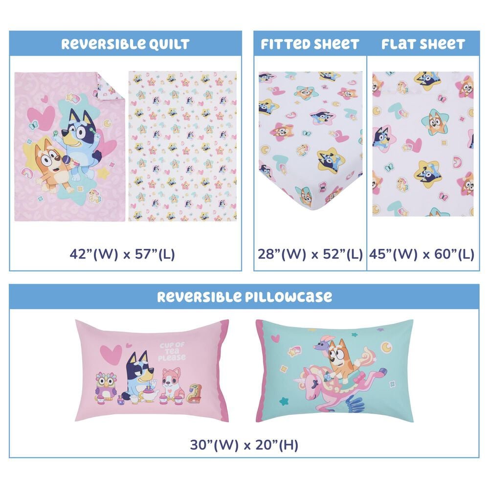 Nojo Baby and Kids Bluey Best Day Ever 4-Piece Toddler Bed Set in Pink, Aqua and Yellow, , large