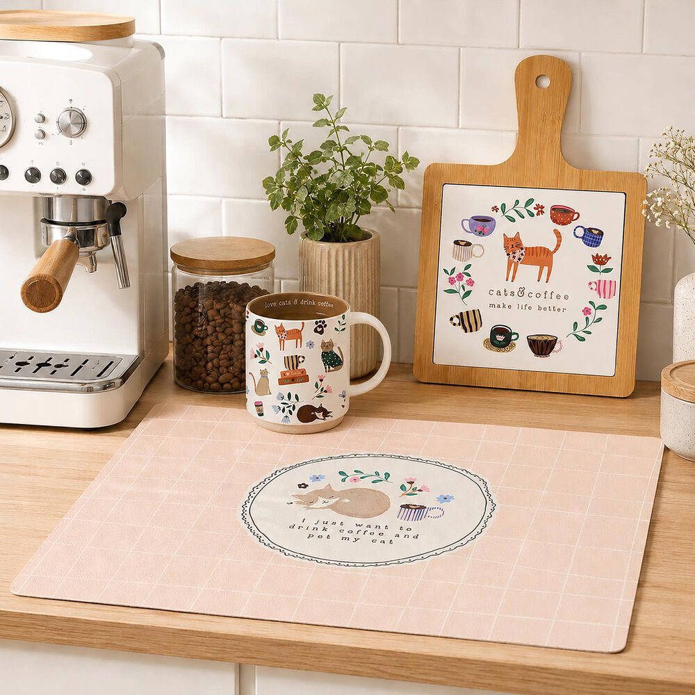 Pavilion 7.5" Cats and Coffee Tile Trivet in White, , large