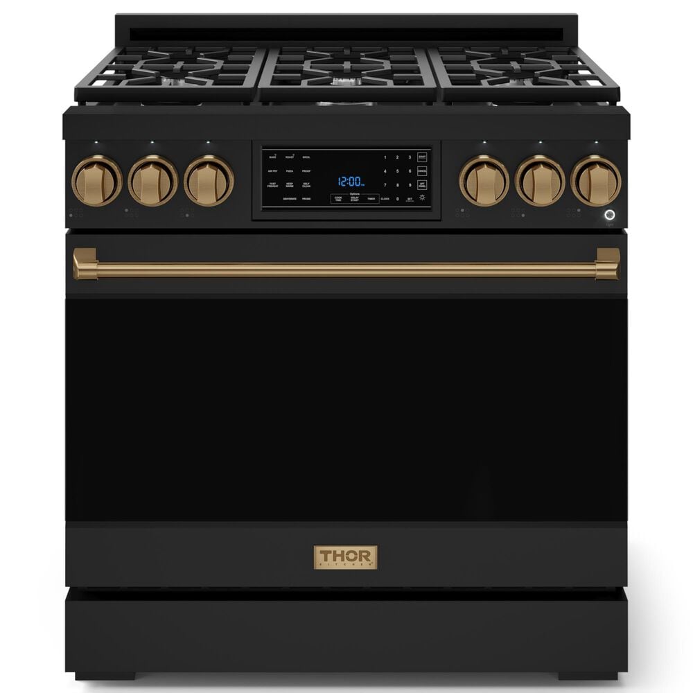 THOR KITCHEN Gordon Ramsay 6 Cu. Ft. 36" Professional Liquid Propane Range with Bronze Handle Kit in Black, , large