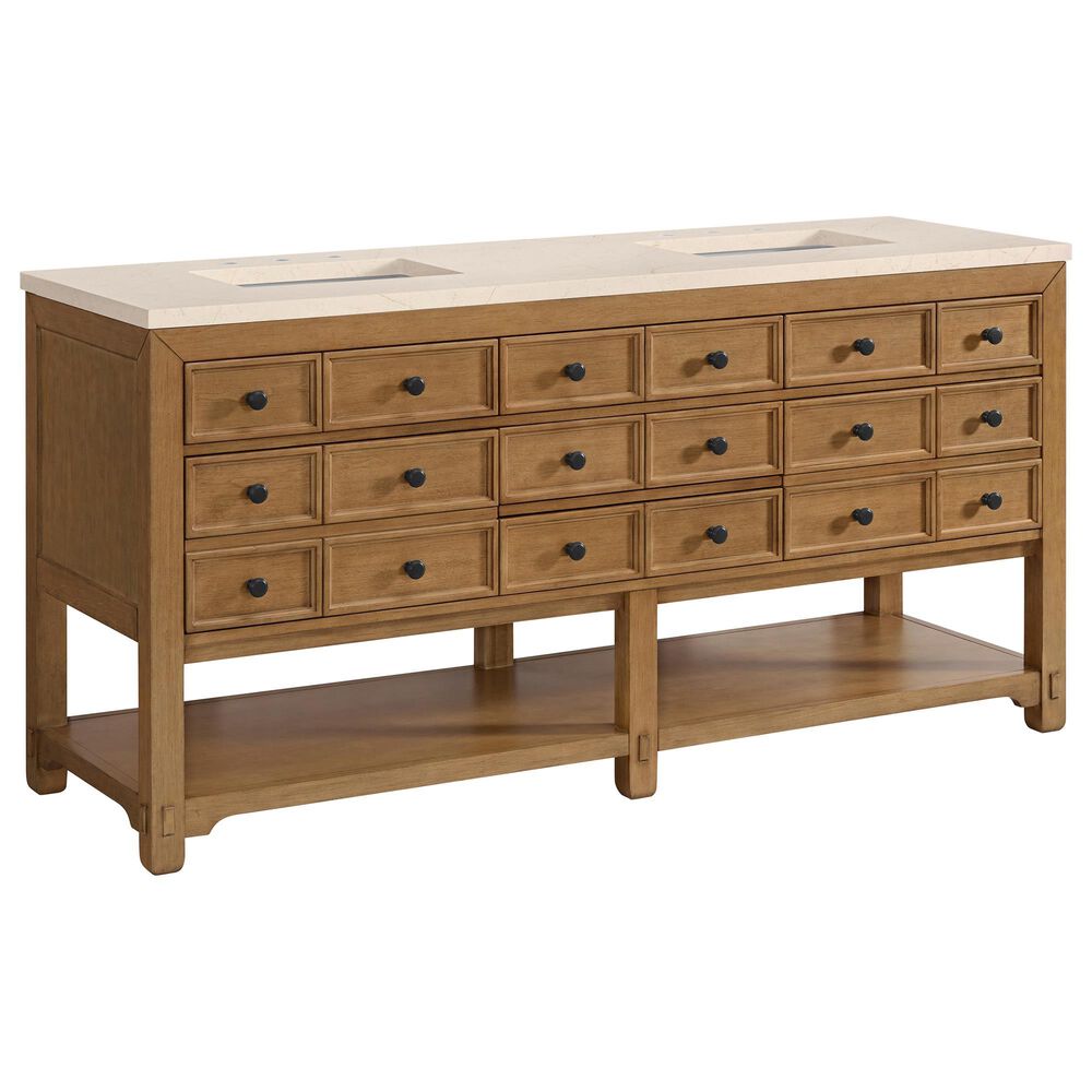 James Martin Vanities Malibu 72&quot; Double Bathroom Vanity in Amber Birch with 3 cm Eternal Marfil Quartz Top and Rectangular Sinks, , large