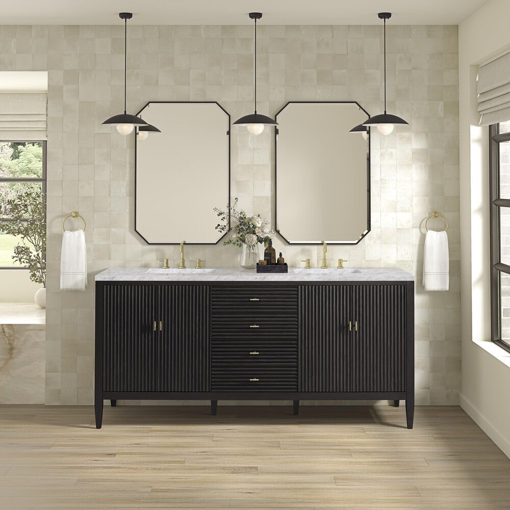 James Martin Vanities Myrrin 72&quot; Double Vanity in Carbon Oak with 3 cm Carrara White Marble Top, , large
