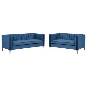 Morden Fort Channel Tufted 2-Piece Stationary Sofa and Loveseat in Blue Velvet, , large