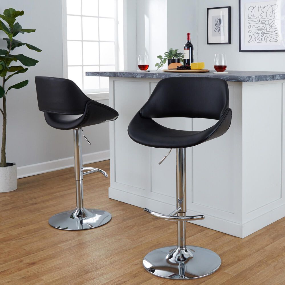 LumiSource Fabrico Swivel Adjustable Bar Stool with Black Faux Leather Upholstery and Rounded T Footrest in Chrome (Set of 2), , large