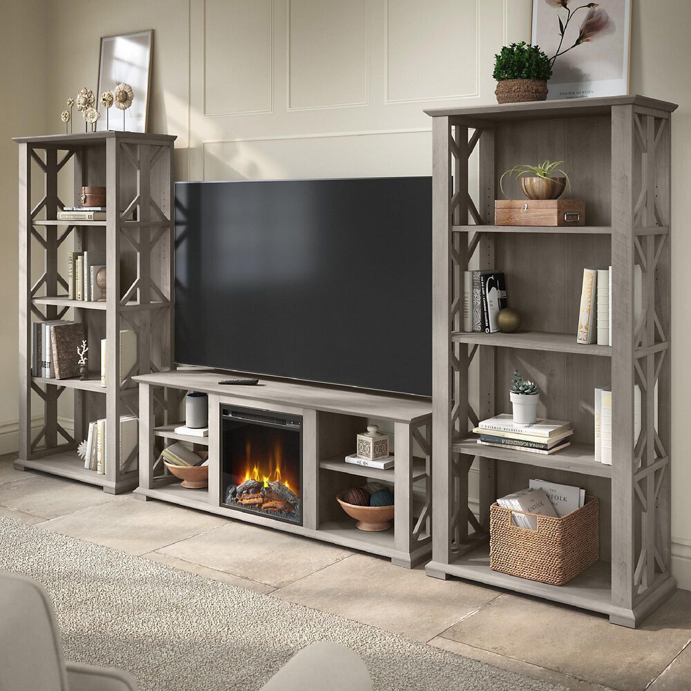 Bush Homestead 60 TV Stand with Electric Fireplace Insert in Driftwood  Gray | NFM