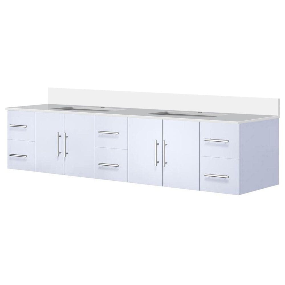 Lexora Home Geneva 84" Double Bathroom Vanity in Glossy White with 2 cm White Cultured Marble Top and Rectangular Sinks, , large