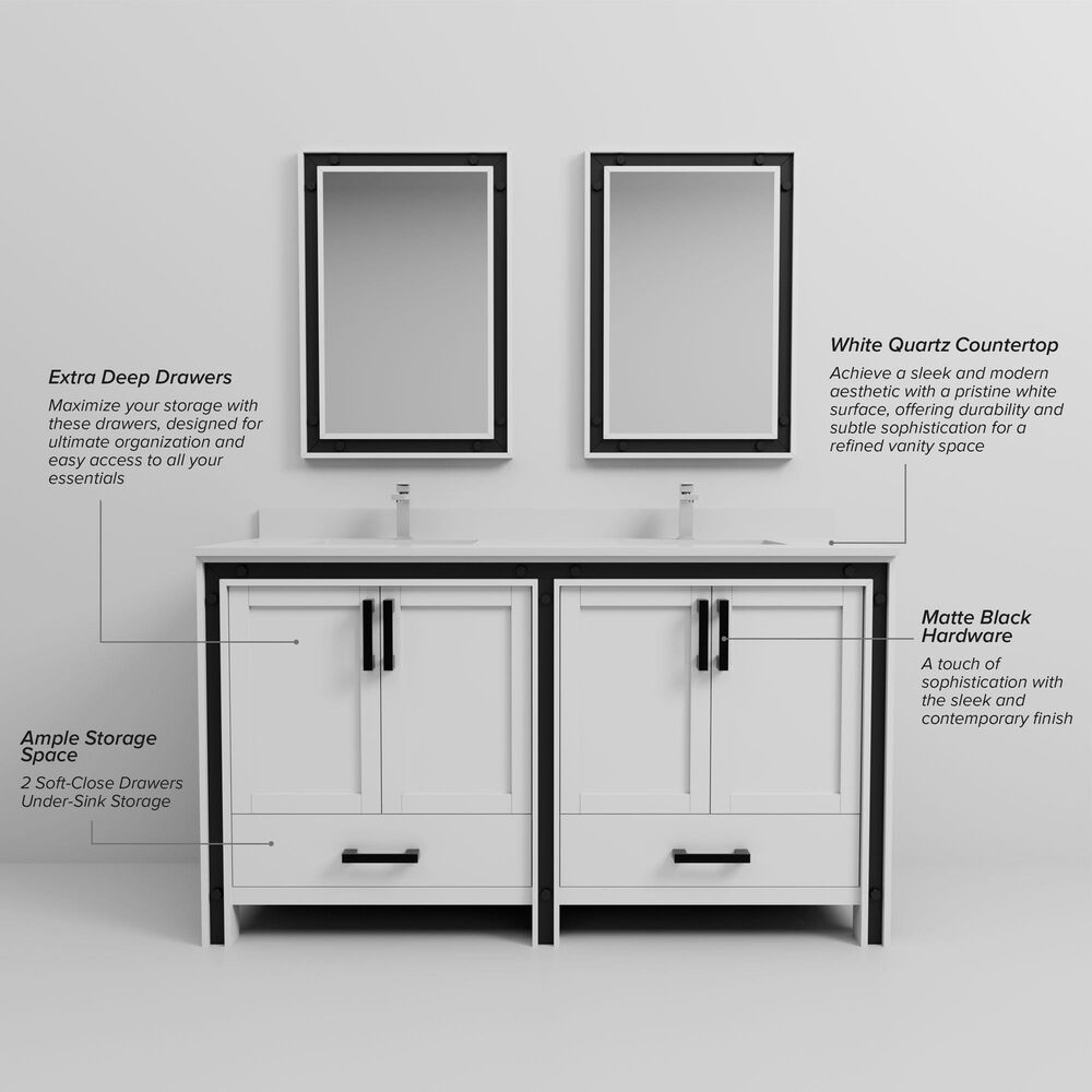 Lexora Home Ziva 60" Double Bathroom Vanity in White with 2 cm White Quartz Top and Rectangular Sinks, , large