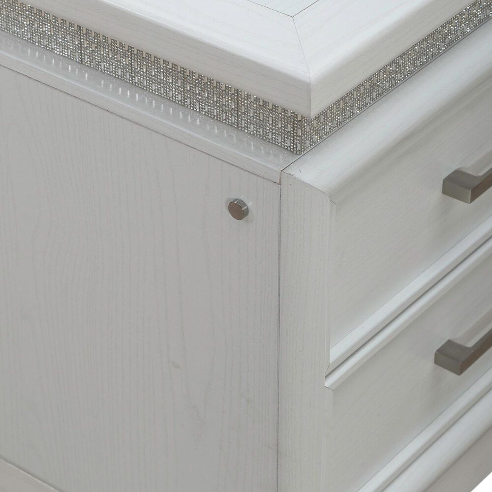 Belle Furnishings Reflections Queen Upholstered Bed with Two Nightstands in Pearl White and Rhinestone, , large